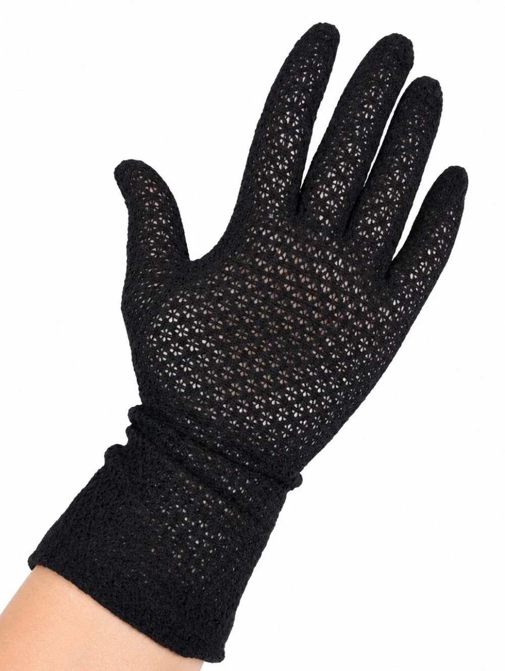 Vintage Black Crochet Lace Wrist Gloves Stretch Nylon One Size Formal